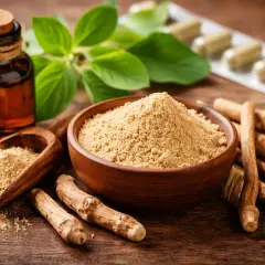 Radici, polvere e olio di ashwagandha, con foglie verdi e capsule in blister, su un tavolo di legno.