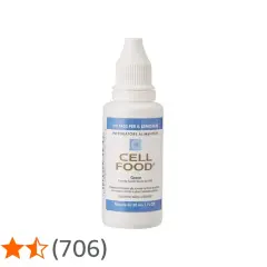 Flacone di Cell Food, integratore alimentare in gocce. Le opinioni mediche sul prodotto sono positive, evidenziando il suo supporto al benessere.